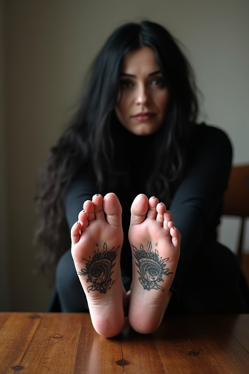 Mature goth woman shows tattooed soles on bare feet. She sits on chair with feet placed on table. Background has soft lighting. The image captures the uniqueness of feet tattoos and goth culture.