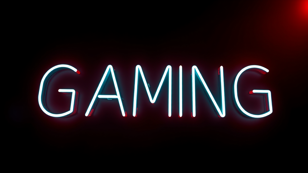 The image shows the word "GAMING" in neon lights. The letters are glowing in a bright light blue color. The background is dark, making the neon letters stand out. There is a slight red glow around the letters.