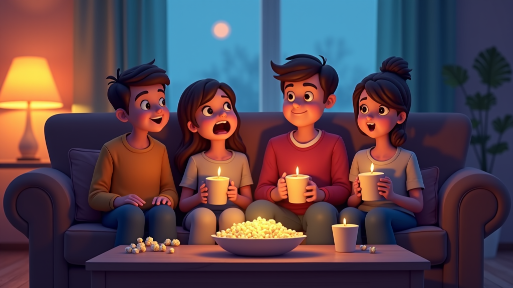 A group of four people sit closely on a couch with candles and popcorn, watching something in a dimly lit room.