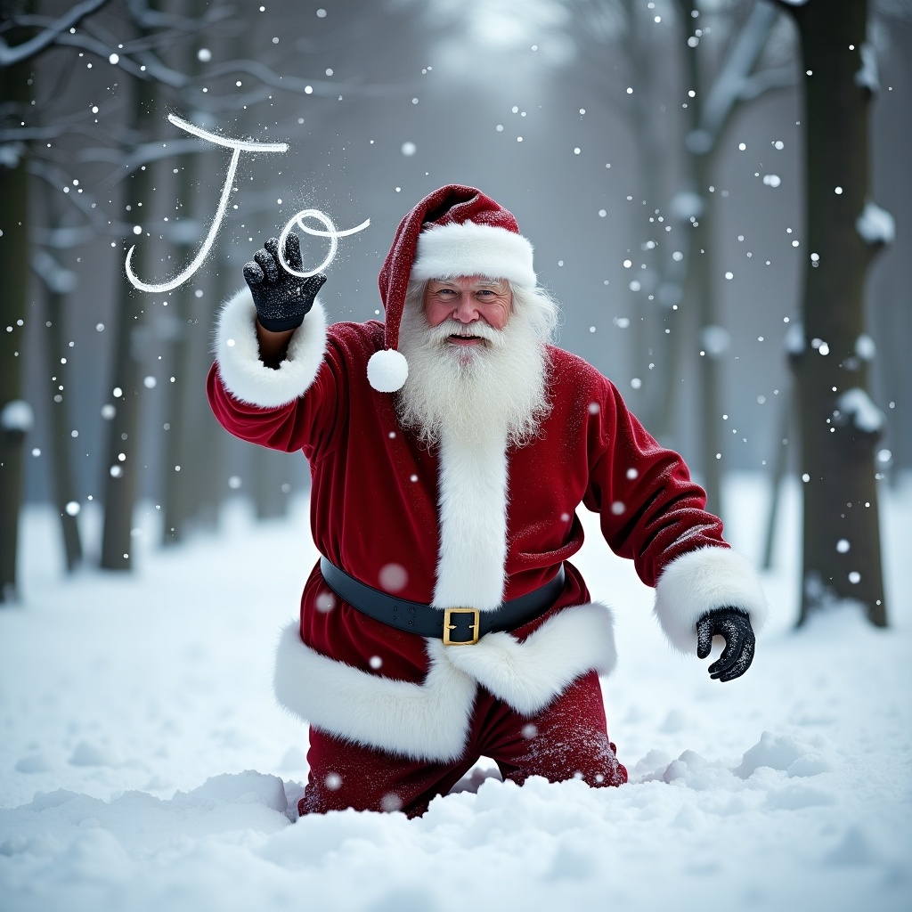 Santa Claus in a red suit with white trim writing 'Jo' in the snow. Snow falling around him. Bare frosty trees in background.