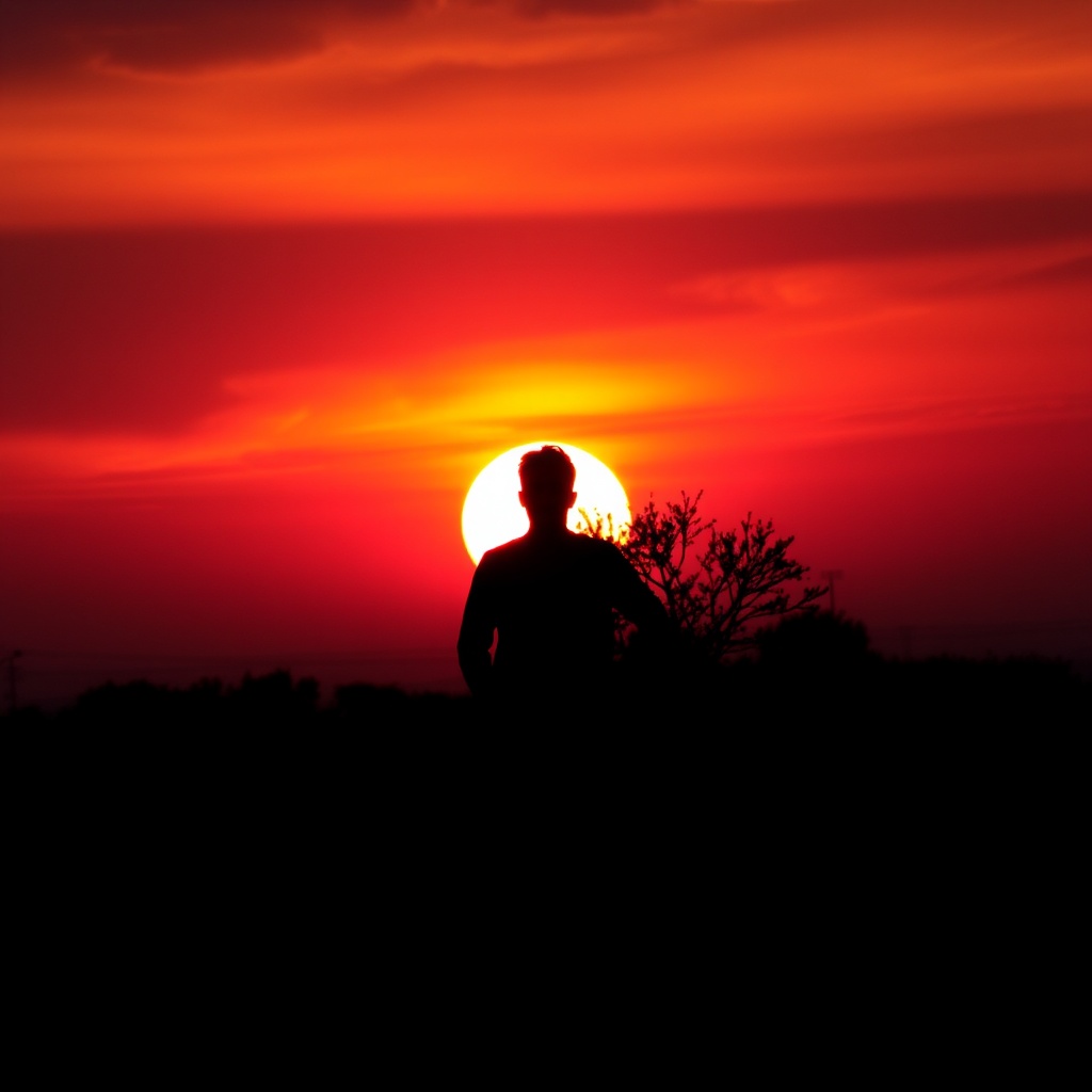 A silhouette of a person standing against a vividly colored sunset, with a deep red and orange sky.