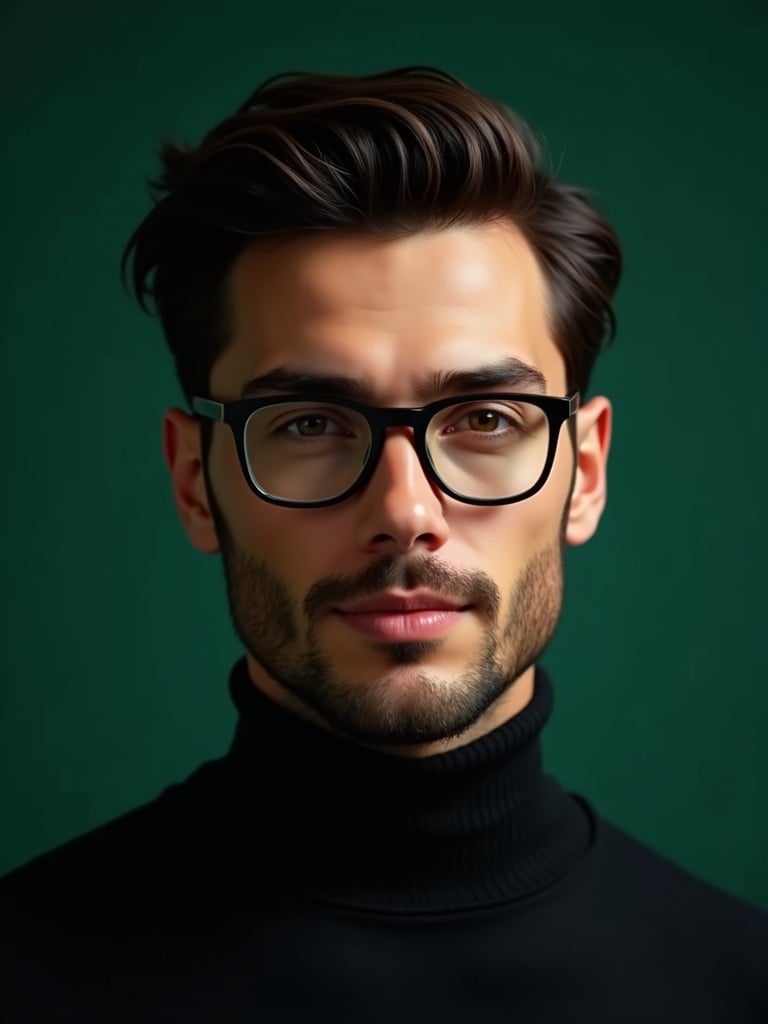 Photorealistic portrait of a stylish man wearing a black turtleneck sweater and glasses. He has short, dark hair styled neatly. Facial features are well-defined with a groomed beard. The background is a solid, dark emerald green. The man has an approachable expression and a knowing smile. His glasses fit perfectly, showcasing his eyes. The image is warm-toned with a shallow depth of field, focusing on his upper body. The lighting is natural, creating depth.