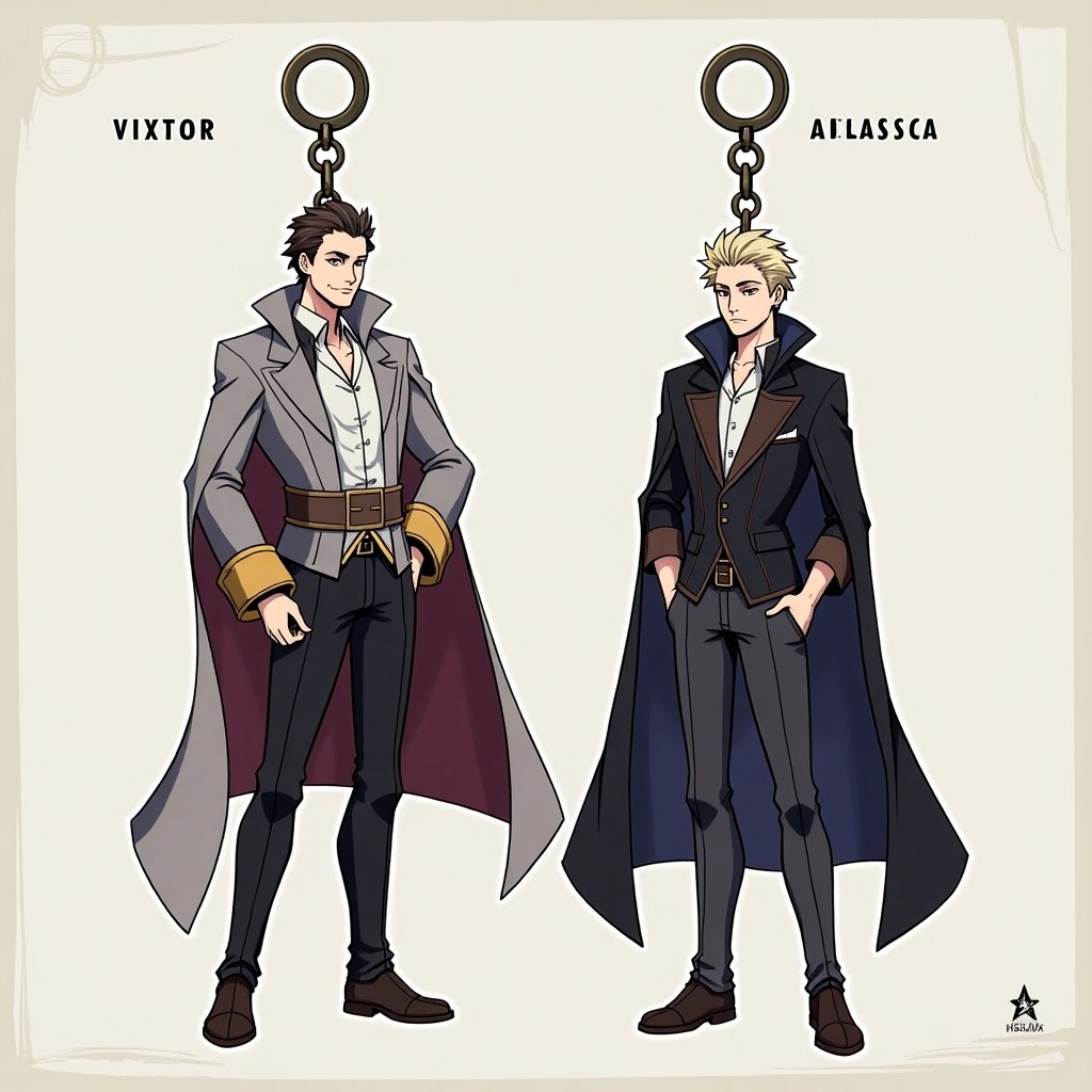 Viktor and Jayce Talis stand side by side as keychain figures. They wear stylish outfits complete with capes. Viktor has a detailed attire while Jayce presents a modern look. The background is minimalistic, focusing on the characters.