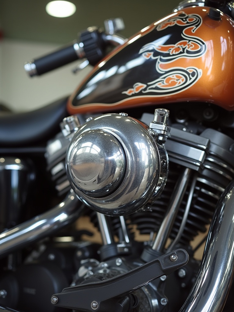 Close-up view of a motorcycle carburettor. Chrome details shine under soft lighting. The motorcycle features an orange and black design. Focus on mechanical parts and intricate design.