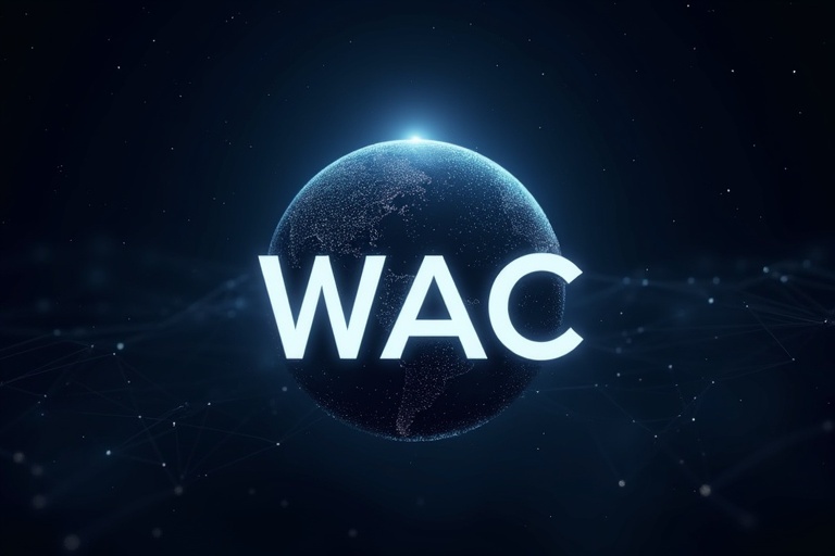 A glowing globe symbolizes Earth and global impact. Dark starry sky serves as the background. Faint glowing lines and dots connect across the globe to represent decentralized networks. The letters WAC appear in bold white text slightly off-center in the foreground.