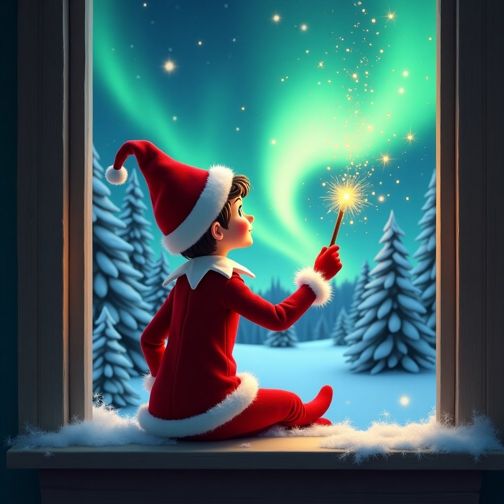 Image features an elf on the shelf sitting on a window ledge. Elf has back to viewer, using a magical wand to create sparks. Elf looks up at northern lights. Background is a winter wonderland with snow-covered pine trees. Elf wears vibrant red outfit with white trim. Scene has a festive holiday feel. Aurora borealis colors illuminate the scene. Names in the sky are Colten and Kylee.