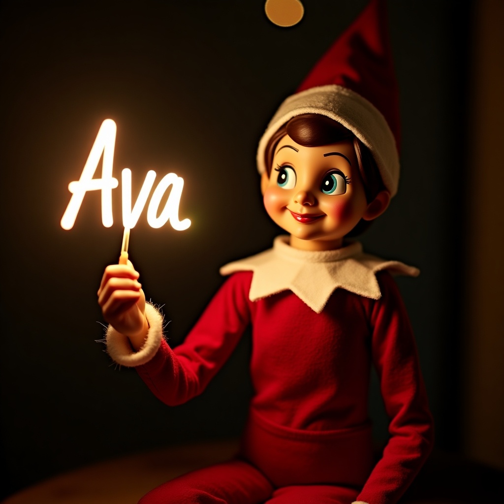 This image features a cheerful female elf on the shelf character dressed in classic red and white attire. The elf is holding a light stick that beautifully spells out the name 'Ava' with a warm glow. The background is dark, which highlights the glowing text, enhancing the festive ambiance. This scene captures the magic and joy of the holiday season perfectly. It embodies the cheerful spirit associated with Christmas celebrations.