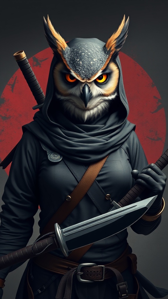 This is a striking digital illustration of an anthropomorphic owl dressed as a ninja, blending avian features with stealthy warrior elements. It features a meticulously detailed owl head with intense orange eyes, complemented by a hooded black robe and leather accessories, holding a katana. The background is accented by a dramatic red moon, enhancing the mystical and powerful theme.