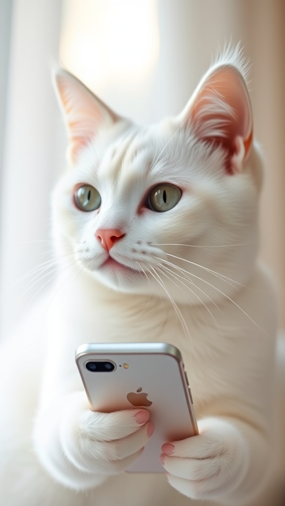 A white cat adorably holding a smartphone, giving a human-like expression.