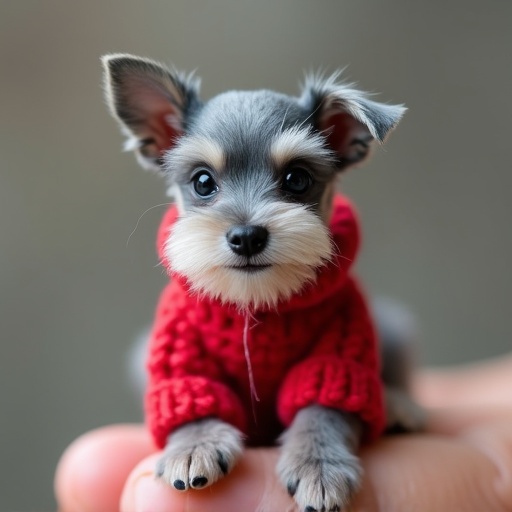 A tiny gray schnauzer puppy in a red crochet suit sits on a person's fingertip. Puppy has a sweet face with a big happy smile. His small body fits entirely on one finger. His demeanor is very cheerful. The image showcases his tender and lovely expression.