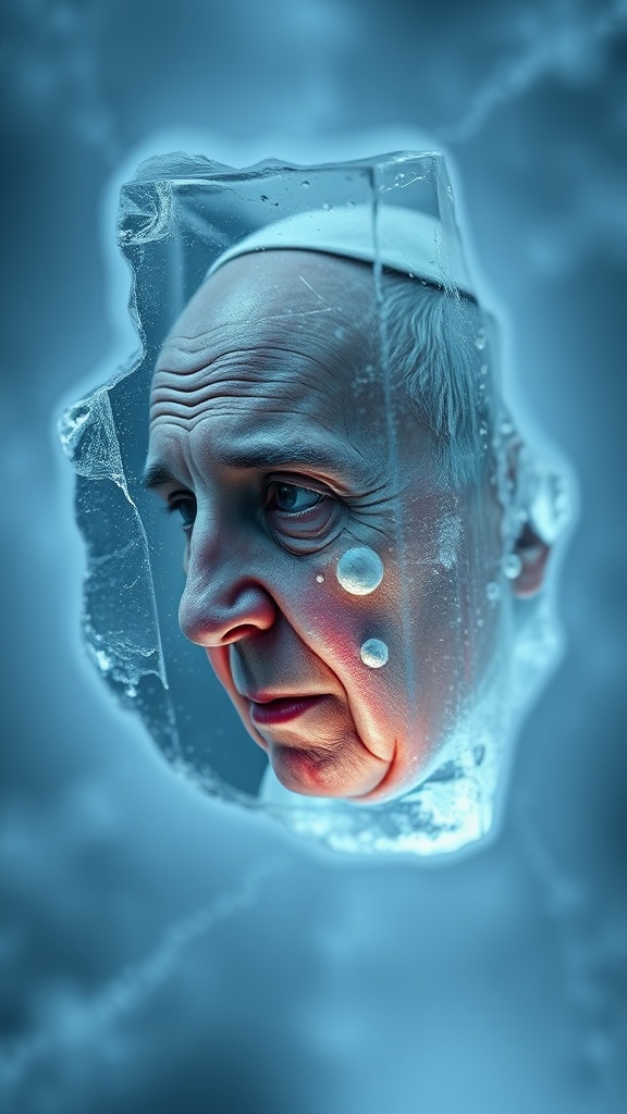 This surreal digital artwork shows the face of an elderly man encased in translucent blue ice. The expression is contemplative, and the ice distorts his features slightly, giving a dreamlike quality. Light reflections from the ice create an ethereal glow, enhancing the mystical and introspective feel of the image.