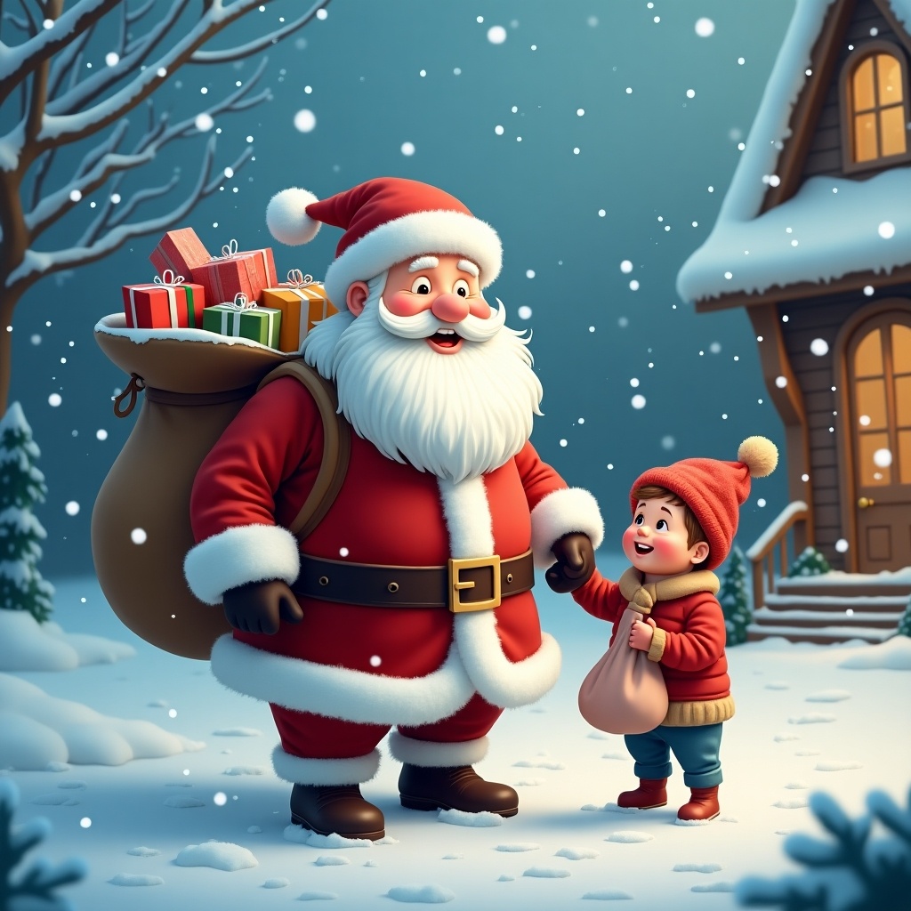 Magical scene with Santa Claus in the snow. Cheerful Santa with a white beard and a bag full of gifts stands beside a happy child holding a small bag. Snowflakes fall around them. Cozy house and Christmas decorations in the background.