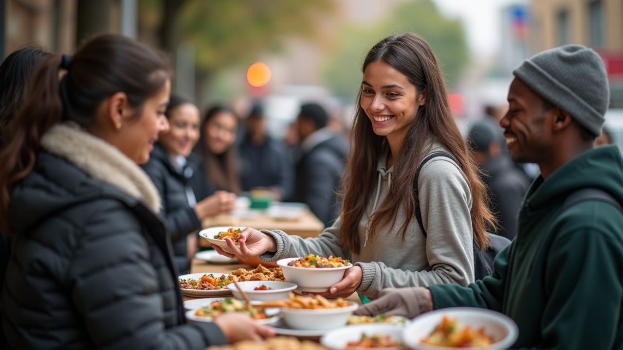 Group of diverse people engaged in a community event, exchanging food and smiling, outdoors, natural lighting