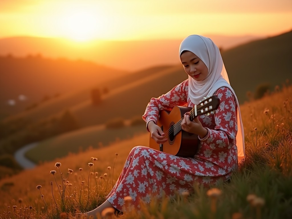 The image depicts a woman in traditional attire seated on a grassy hillside, playing the guitar as the sun sets in the background. The warm tones of the sunset envelop her, creating a serene atmosphere. She wears a white headscarf, complementing her colorful floral dress, and appears immersed in her music. The scenery features rolling hills and blooming flowers, enhancing the tranquil scene. It’s a moment that captures the beauty of nature and the joy of music, evoking feelings of peace and contentment.