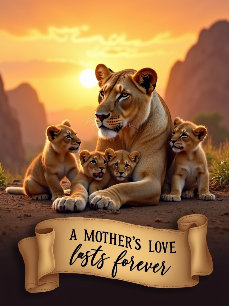 Majestic lioness rests with five adorable cubs in a breathtaking sunset scene. They showcase a tender family bond against towering mountains. Warm golden hues wash over the landscape. A scripted scroll in the foreground displays the message A MOTHER'S LOVE LASTS FOREVER. This image captures love and unity in nature.