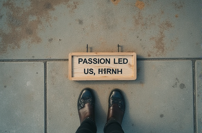 A person's feet in black shoes are standing in front of a wooden sign on the pavement.