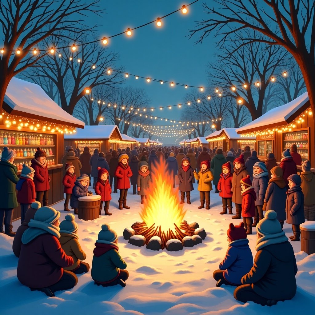 A lively winter festival scene showcasing a vibrant community gathering. People dressed warmly gather around a blazing bonfire. The setting is illuminated by string lights strung between trees and festive stalls selling holiday goods. The snowy ground adds to the winter atmosphere. Families and friends enjoy the festivities amid a backdrop of twinkling lights and a serene winter night.