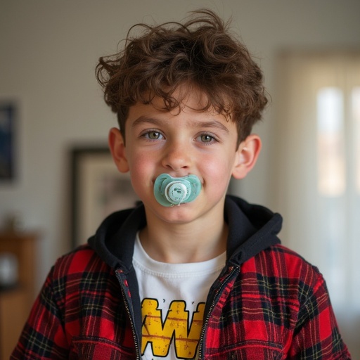 Teenage boy with a pacifier in his mouth wearing a checkered jacket. Casual and lighthearted setting. He poses playfully with a diaper.