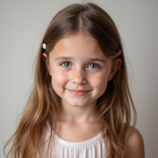 Cute seven year old girl with long hair wearing a white top. Soft lighting enhances the warm atmosphere. Natural background suggests a calm environment.