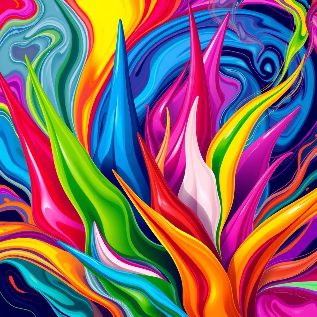 This vibrant abstract image features a dynamic swirl of wave-like shapes in vivid colors such as reds, blues, greens, yellows, and pinks, creating an energetic and fiery visual effect.