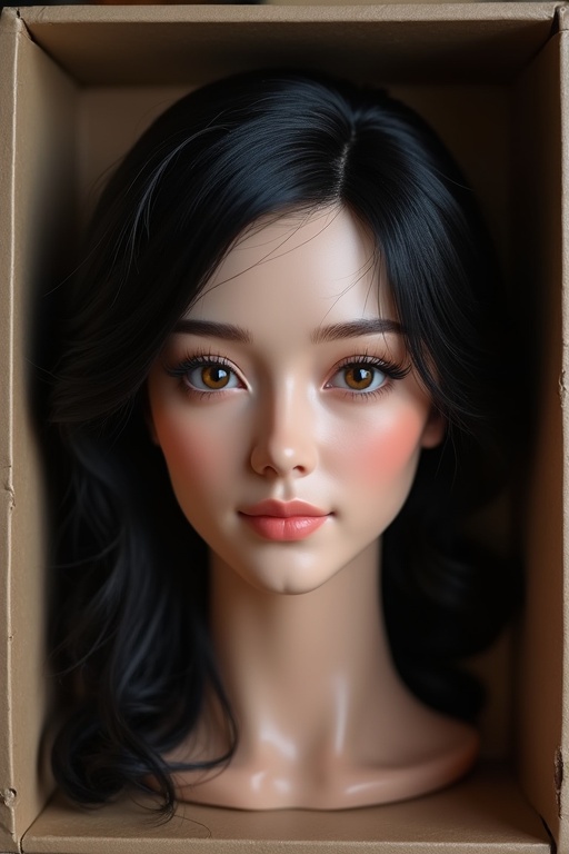 Realistic female head placed in a box with black hair. The head features soft waves. The model has a neutral expression. The setting is casual, suitable for product display.