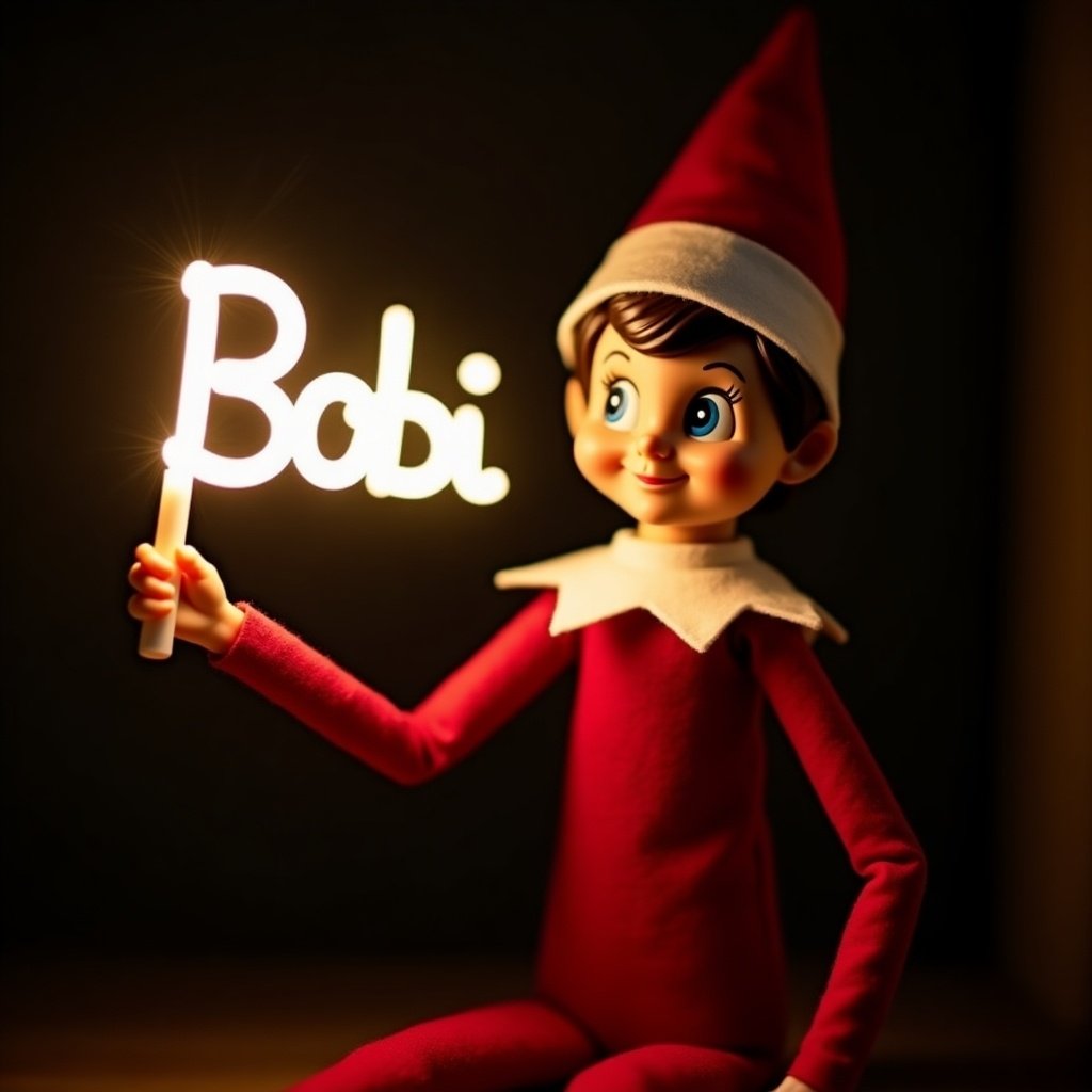 Image features an elf character dressed in red and white. Elf holds a glow stick spelling 'Bobi' in soft light. Dark background enhances glowing effect. Creates warm, festive atmosphere.