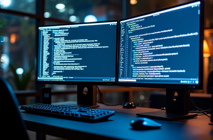 A dual-monitor setup displays lines of code in a dimly lit office with a keyboard and mouse on the desk.