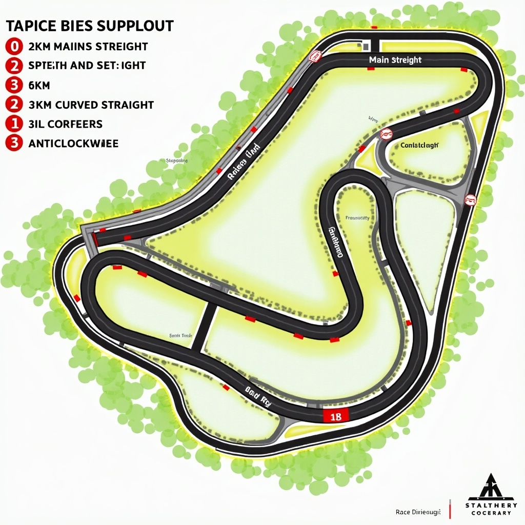 Image shows layout of a race track with three main straights and 18 corners. The track is designed for anti-clockwise racing. Each section is marked with vibrant colors.