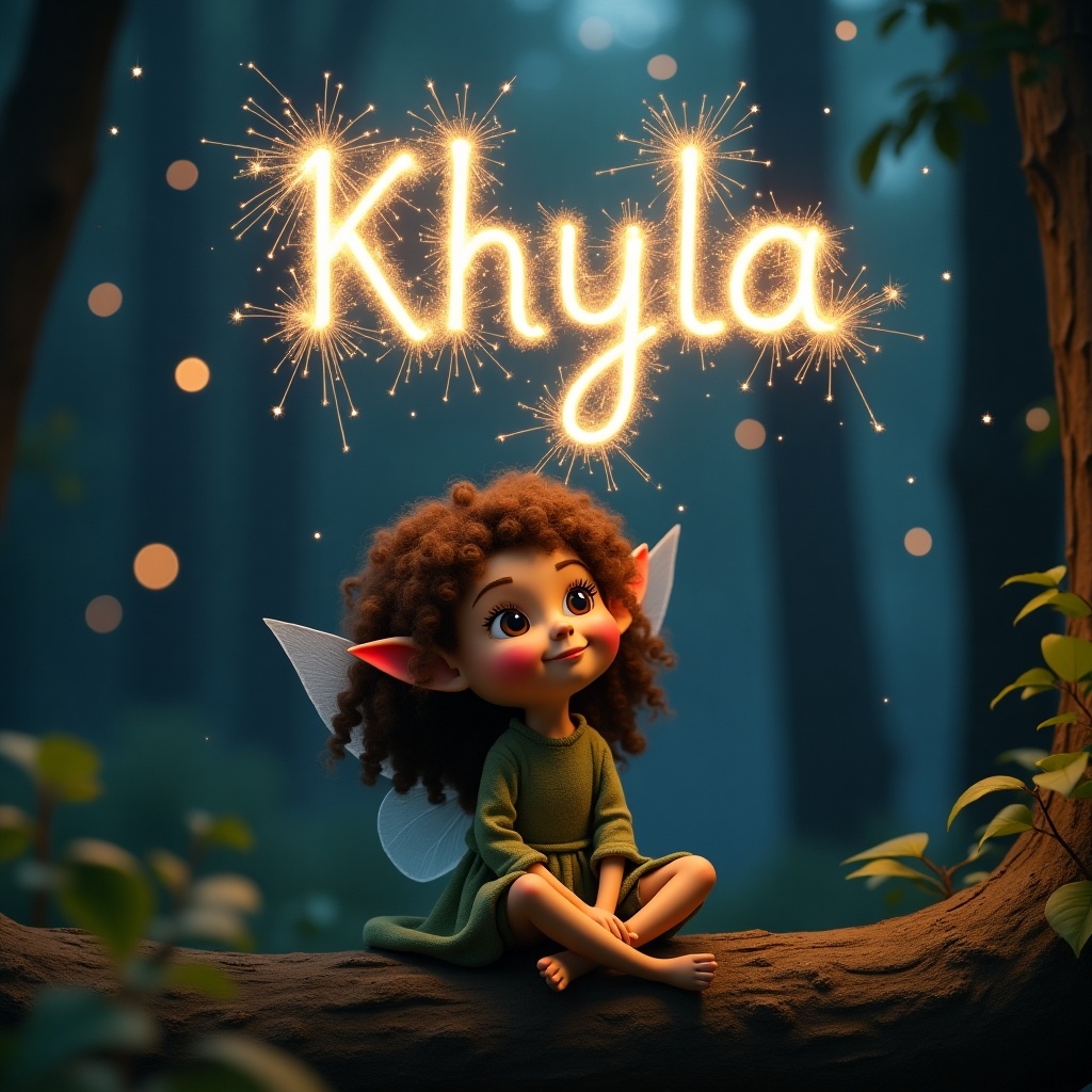 Create a whimsical image of a little pixie elf girl named Khyla. She has curly brown hair and brown eyes, sitting in a forest at night. The background showcases a starry sky and trees. In the sky, the name 'Khyla' is illuminated with sparklers, adding a magical touch. The elf has delicate wings and wears a simple dress, embodying an enchanting and playful vibe. The overall atmosphere should evoke feelings of wonder and magic.