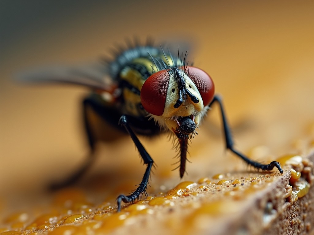 This macro photograph captures the remarkable detail of a common housefly perched on a surface covered with glistening droplets. The close-up reveals the fly's vivid red compound eyes, its detailed body hairs, and delicate wing structure. The image's sharp focus on the fly against a blurred orange background highlights the intricacies of nature at a miniature scale.