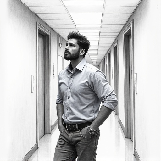 A highly detailed pencil sketch of a man in a corridor. He wears a light blue shirt and dark jeans. The atmosphere conveys exhaustion and resolve. The lighting is sharp with high contrast. The image is black and white with smooth shading. The angle shows the man slightly from behind.