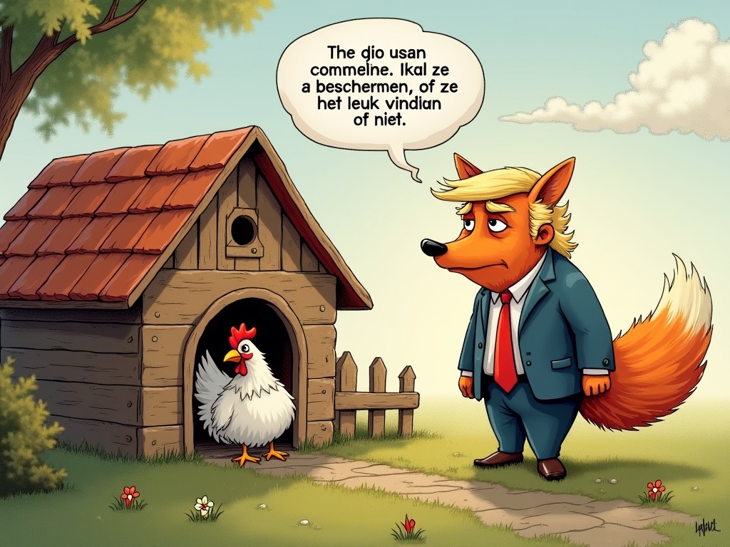 The image shows a colorful cartoon of a fox resembling Donald Trump standing in front of a henhouse. The fox is dressed in a suit and has a characteristic hairstyle. It appears to be speaking to a chicken inside the hen house. The fox's speech bubble reads, 'Ik zal ze beschermen, of ze het leuk vinden of niet.' The setting is bright and cheerful with a green background and a sunny sky. This playful depiction symbolizes the idea of an untrustworthy protector. The overall tone of the image is humorous and satirical.