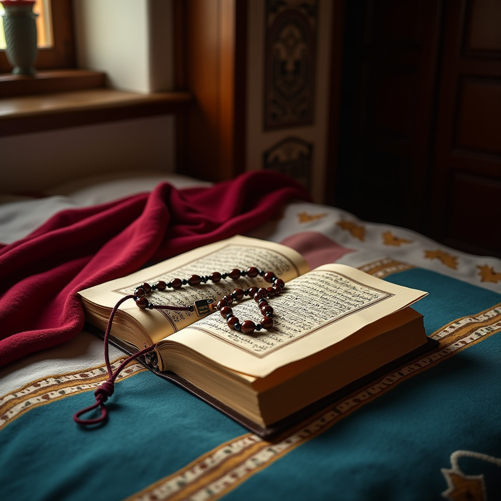 An open Quran with prayer beads resting on it, placed on a colorful cloth in a peaceful room.