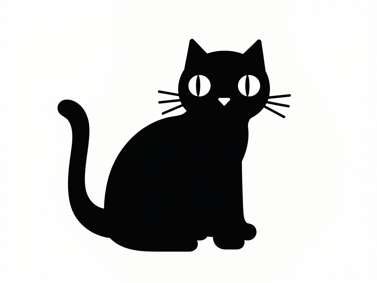 The image features a simple and stylized illustration of a cat. The cat is depicted sitting with its body facing to the side, while its head is turned slightly towards the viewer. Its ears are pointed, and there is a curved tail that adds a playful touch. The overall design is clean and minimalistic, with bold lines outlining the cat's shape. The cat's eyes are large and round, giving it a cute appearance. The color of the cat is solid black, emphasizing its silhouette against a blank background.