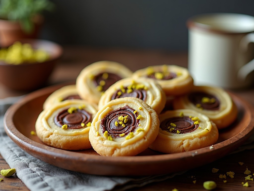 A close-up photograph of swirl cookies with chocolate centers and pistachio garnishes on a wooden plate, with warm lighting and soft focus background.