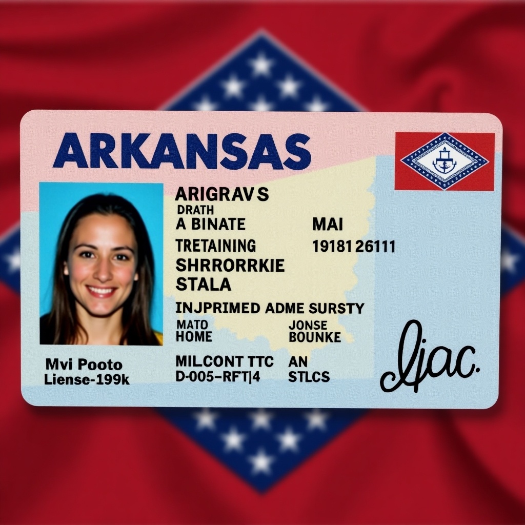 Image shows an Arkansas state driver's license. License features personal details, photo, and state emblem. Background consists of the Arkansas flag.