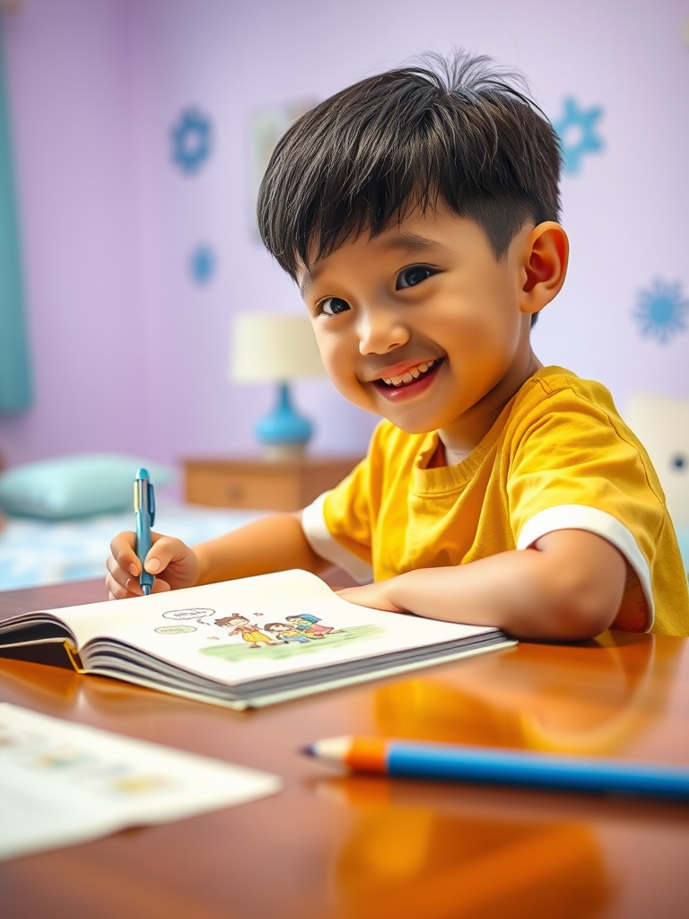 A happy child drawing in a colorful and cozy room.