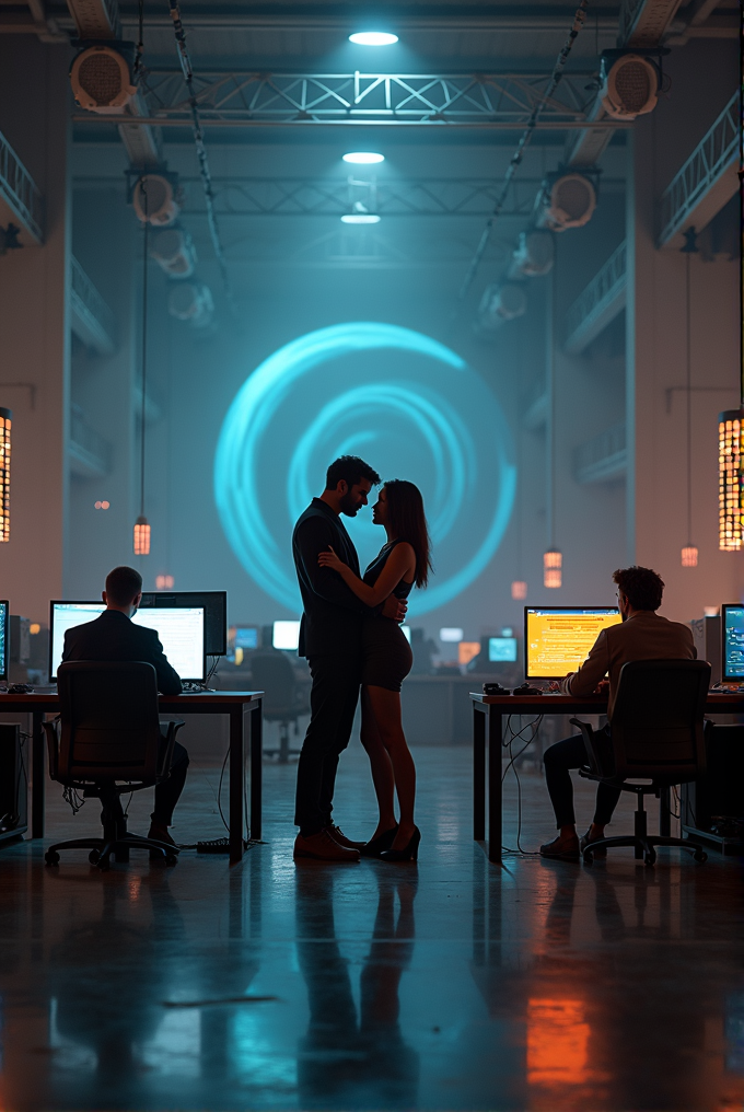 In a high-tech office setting, a couple embraces under soft blue lighting with a spiral digital pattern on the wall, surrounded by focused workers at computer desks.