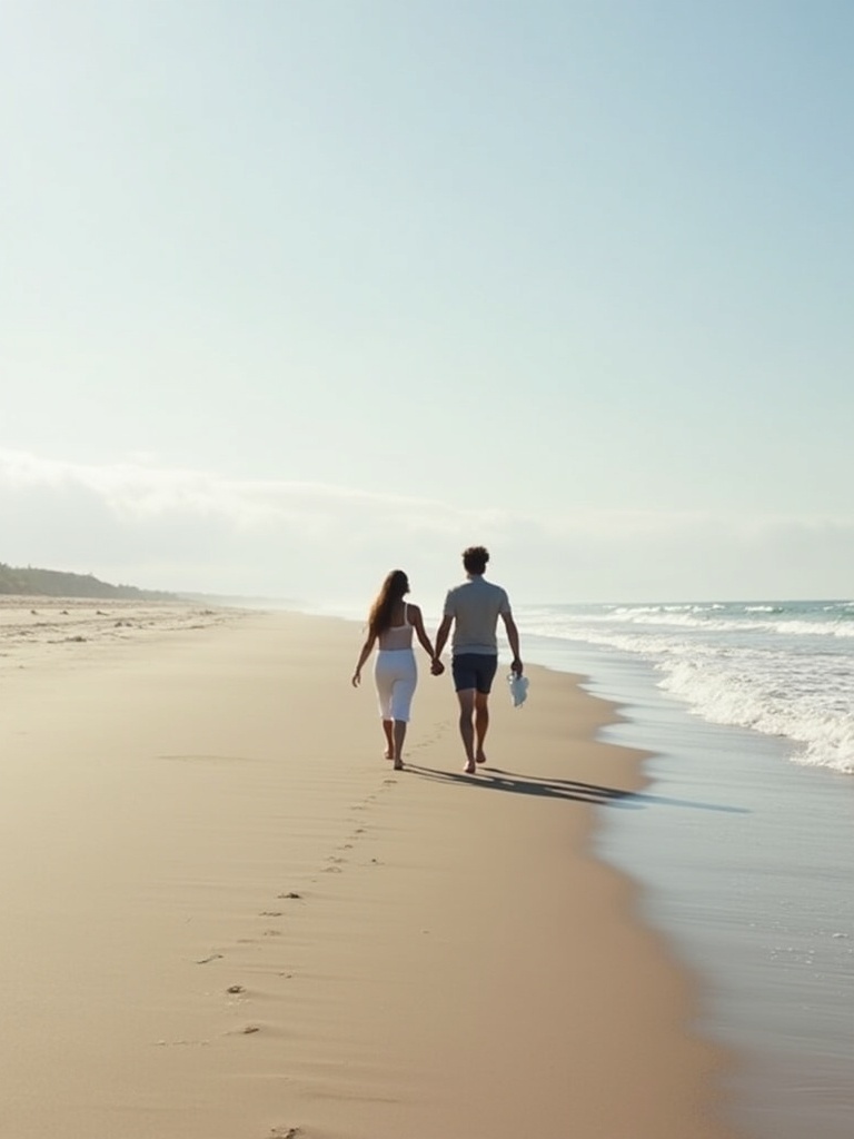 Couple strolls along the beach. They hold hands. The couple walks in shallow water. Soft waves lap at the shore. Sandy beach is visible under their feet.