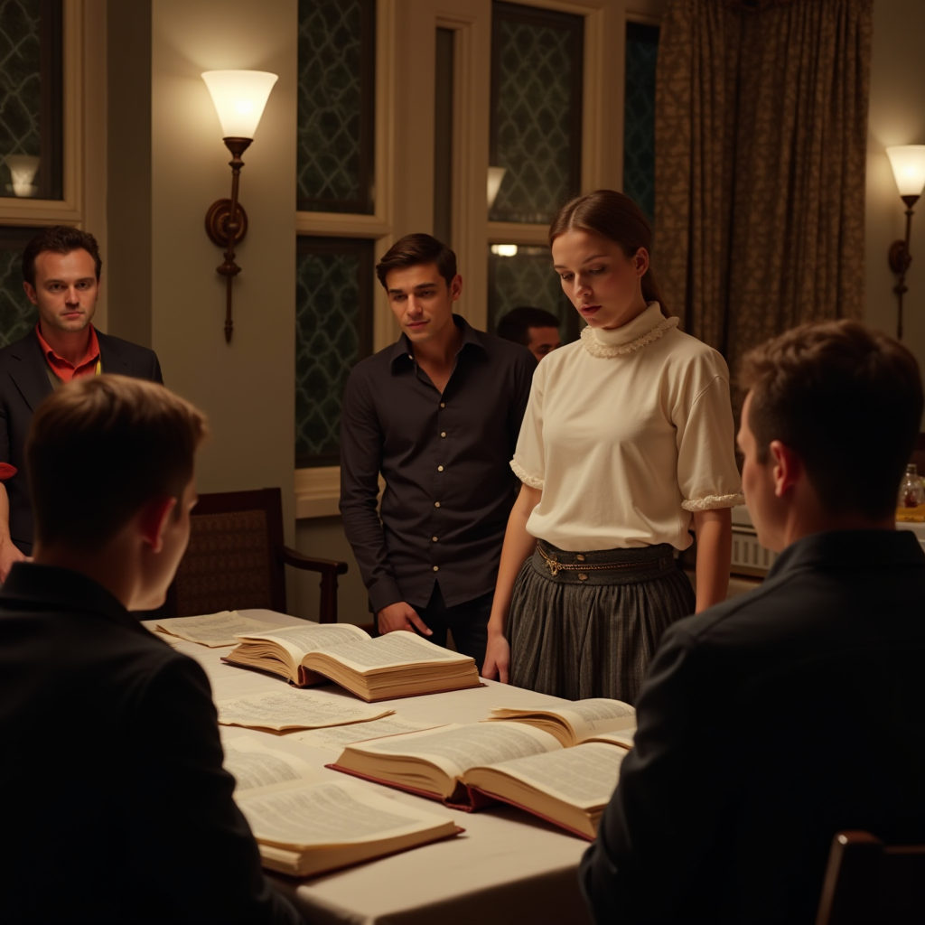 A group of people focused on open books at a table in a warmly lit room.