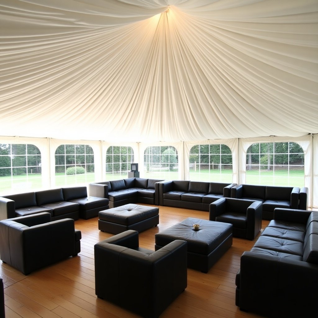 Interior of a 60x126 tent. White ceiling drape complements black soft seating leather furniture. Spacious and inviting atmosphere for events.