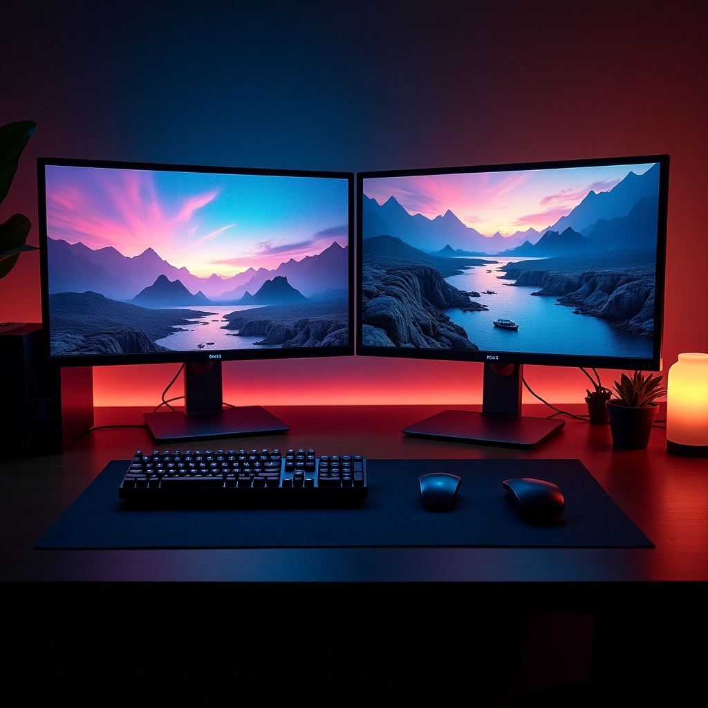 Dual monitor setup is shown with vibrant vfx and chorma scene. Environment has ambient lighting. The desk is sleek with a keyboard and mouse.