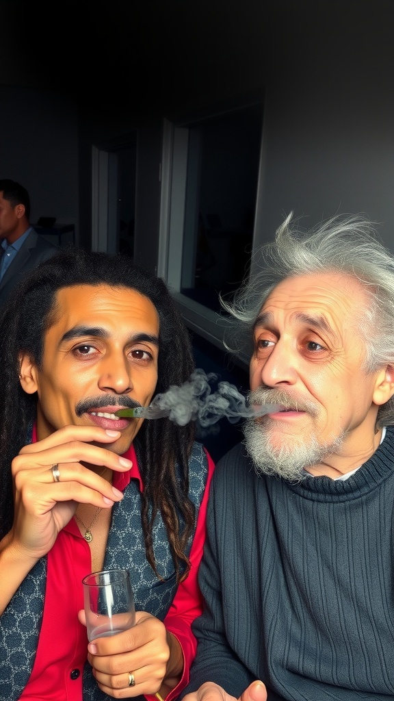 Two men enjoying a relaxed moment, sharing a smoke together indoors.