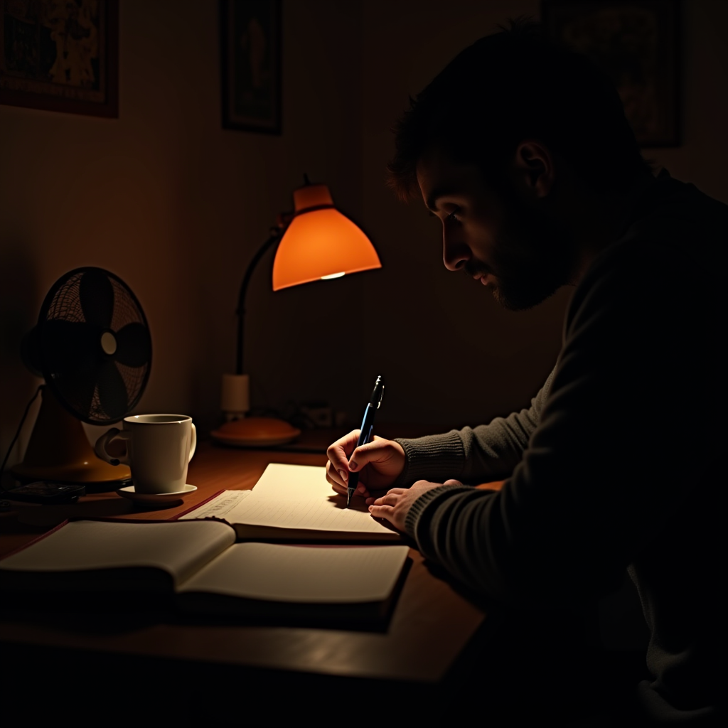 A man writes on a notebook at a dimly lit desk, illuminated by a warm desk lamp with a vintage design.