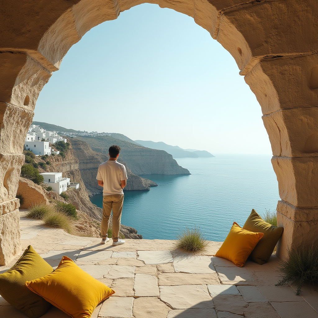 A person stands under an ancient stone archway, overlooking a stunning Mediterranean coastal view.