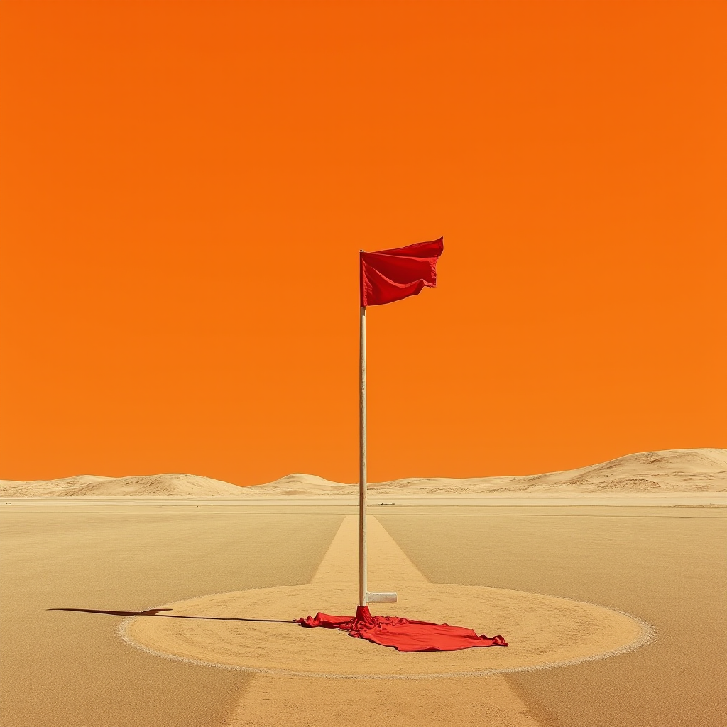 A solitary red flag stands in a stark orange desert landscape.