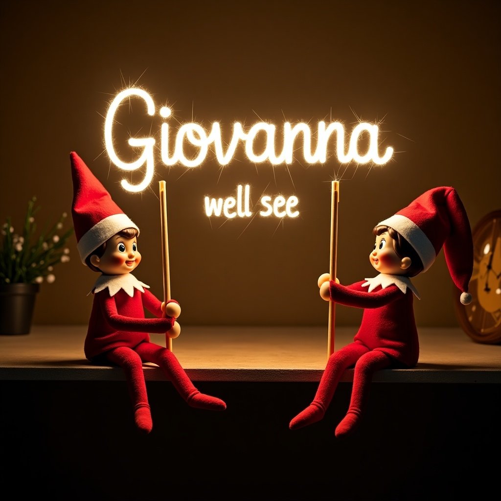 Image of boy and girl elf on shelf wearing traditional red and white. They hold a glow stick forming the phrase 'Giovanna well see' in bright light. The background is dark, creating a magical festive atmosphere.