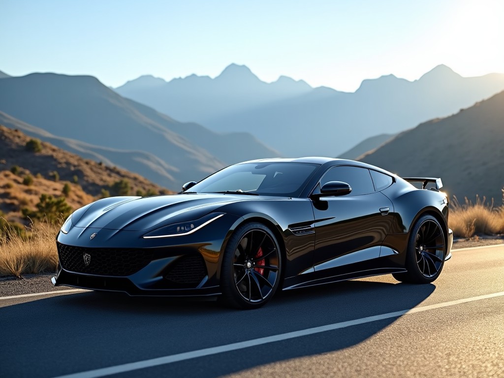 The image showcases a stunning black sports car parked along a winding road. In the background, majestic mountains rise under a clear sky. The sunlight adds a warm glow, enhancing the car's sleek contours. The vehicle's aggressive design features bold lines and sporty accents, hinting at its high performance. This striking scene combines the allure of automotive design with the beauty of nature, making it an eye-catching visual.