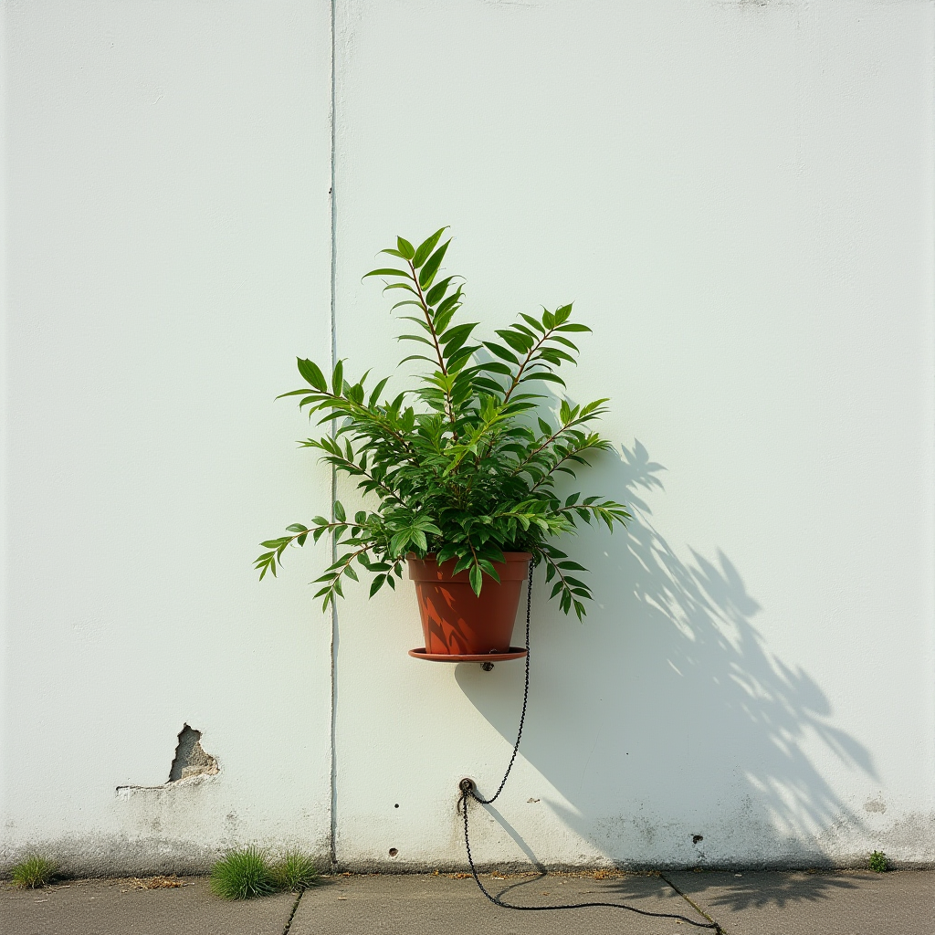 A potted plant is mounted on a white wall, casting a gentle shadow, with a chain securing it below.