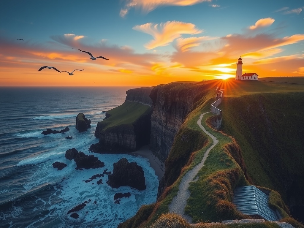 This stunning image depicts a lighthouse perched atop rugged cliffs by the sea, with the sun setting dramatically in the background. The sky is awash with vibrant colors, blending pinks, oranges, and blues. Seagulls soar across the view, adding to the serene coastal ambiance. The winding path leading to the lighthouse contrasts beautifully with the natural landscape.